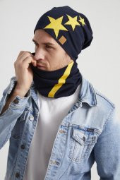 Sarı Lacivert yıldızlı Efsane çubuklu, ipli 4 mevsim Şapka Bere Boyunluk Takım -yumuşak doğal penye thumbnail 1