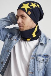 Sarı Lacivert yıldızlı Efsane çubuklu, ipli 4 mevsim Şapka Bere Boyunluk Takım -yumuşak doğal penye thumbnail 2