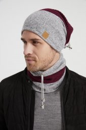 Bordo-Gri Erkek Genç Best of Butikgiz Bordo Gri Şapka Bere Boyunluk Takım -Spor, Rahat,pamuklu TERMAL - 1