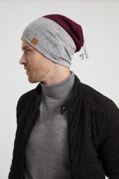Bordo-Gri Erkek Genç Best of Butikgiz Bordo Gri parçalı Şapka Bere -Spor, Rahat,pamuklu TERMAL kumaş - 2