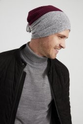 Bordo-Gri Erkek Genç Best of Butikgiz Bordo Gri parçalı Şapka Bere -Spor, Rahat,pamuklu TERMAL kumaş - 3