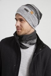 Gri-Siyah Erkek Genç Best of Butikgiz Gri parçalı Şapka Bere Boyunluk Takım -Spor, Rahat,pamuklu TERMAL thumbnail 1