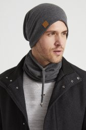 Füme Erkek Genç Businessman Füme ip detaylı Şapka Bere Boyunluk Takım Spor, Rahat, %100 pamuklu kaşkorse - 2