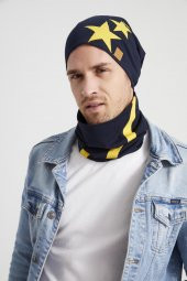 Sarı Lacivert yıldızlı Efsane çubuklu, ipli 4 mevsim Şapka Bere Boyunluk Takım -yumuşak doğal penye thumbnail 3