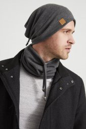 Füme Erkek Genç Businessman Füme ip detaylı Şapka Bere Boyunluk Takım Spor, Rahat, %100 pamuklu kaşkorse - 3