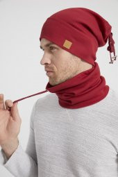 Bordo Erkek Genç Kırmızı vişne ip detaylı Şapka Bere Boyunluk Takım -Spor, Rahat, %100 pamuklu el yapımı - 6