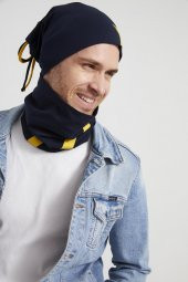 Sarı Lacivert yıldızlı Efsane çubuklu, ipli 4 mevsim Şapka Bere Boyunluk Takım -yumuşak doğal penye thumbnail 4