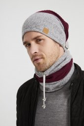 Bordo-Gri Erkek Genç Best of Butikgiz Bordo Gri Şapka Bere Boyunluk Takım -Spor, Rahat,pamuklu TERMAL - 2