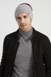 Bordo-Gri Erkek Genç Best of Butikgiz Bordo Gri parçalı Şapka Bere -Spor, Rahat,pamuklu TERMAL kumaş - 4