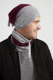Bordo-Gri Erkek Genç Best of Butikgiz Bordo Gri Şapka Bere Boyunluk Takım -Spor, Rahat,pamuklu TERMAL - 4