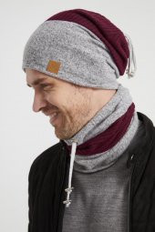 Bordo-Gri Erkek Genç Best of Butikgiz Bordo Gri Şapka Bere Boyunluk Takım -Spor, Rahat,pamuklu TERMAL - 5