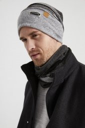 Gri-Siyah Erkek Genç Best of Butikgiz Gri parçalı Şapka Bere Boyunluk Takım -Spor, Rahat,pamuklu TERMAL thumbnail 3