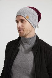 Bordo-Gri Erkek Genç Best of Butikgiz Bordo Gri parçalı Şapka Bere -Spor, Rahat,pamuklu TERMAL kumaş - 6