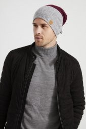 Bordo-Gri Erkek Genç Best of Butikgiz Bordo Gri parçalı Şapka Bere -Spor, Rahat,pamuklu TERMAL kumaş - 7