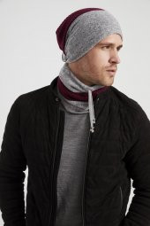 Bordo-Gri Erkek Genç Best of Butikgiz Bordo Gri Şapka Bere Boyunluk Takım -Spor, Rahat,pamuklu TERMAL - 7