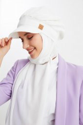 Beyaz Kadın Tesettür Multi Şifon İpeksi Şal ve Pamuklu Penye Vizör Şapka İkilisi - Rahat, Ekstra Hafif - 6