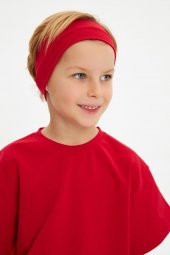 Kırmızı-Kırmızı Erkek Çocuk %100 Pamuklu Penye Oversize Kırmızı T-Shirt Yumuşak Bandana İKİLİ TAKIM  Trend Seri1 - 3