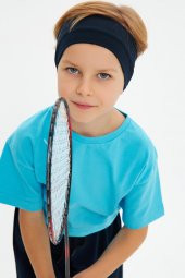 Lacivert-Aqua Erkek Çocuk %100 Pamuklu Penye Oversize Aqua T-Shirt Yumuşak Lacivert Bandana 2'Lİ TAKIM  TrendSeri1 - 2