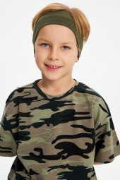 Haki-Kamuflaj Erkek Çocuk %100 Pamuklu Penye Oversize Kamuflaj T-Shirt Yumuşak Bandana İKİLİ TAKIM  Trend Seri 2 - 2