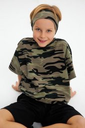 Kamuflaj-Kamuflaj Erkek Çocuk %100 Pamuklu Penye Oversize Kamuflaj T-Shirt Yumuşak Bandana İKİLİ TAKIM  Trend Seri 2 - 1