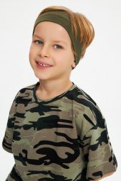 Haki-Kamuflaj Erkek Çocuk %100 Pamuklu Penye Oversize Kamuflaj T-Shirt Yumuşak Bandana İKİLİ TAKIM  Trend Seri 2 - 4