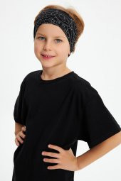 Siyah Desenli-Siyah Erkek Çocuk %100 Pamuklu Penye Oversize Kamuflaj T-Shirt Yumuşak Bandana İKİLİ TAKIM  Trend Seri 2 - 1
