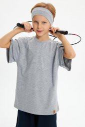 Gri-Lacivert Erkek Çocuk %100 Pamuklu Penye Oversize Gri T-Shirt Yumuşak Gri Bandana 2'Lİ TAKIM  Trend Seri3 - 1