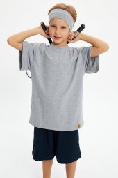 Gri-Lacivert Erkek Çocuk %100 Pamuklu Penye Oversize Gri T-Shirt Yumuşak Gri Bandana 2'Lİ TAKIM  Trend Seri3 - 2