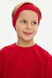 Kırmızı-Kırmızı Erkek Çocuk %100 Pamuklu Penye Oversize Kırmızı T-Shirt Yumuşak Bandana İKİLİ TAKIM  Trend Seri1 - 5