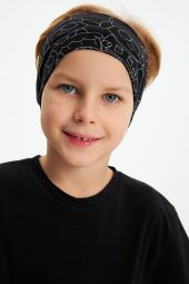 Siyah Desenli-Siyah Erkek Çocuk %100 Pamuklu Penye Oversize Kamuflaj T-Shirt Yumuşak Bandana İKİLİ TAKIM  Trend Seri 2 - 5