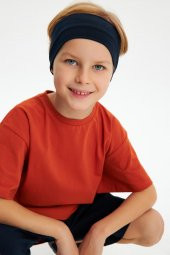 Lacivert-Kiremit Erkek Çocuk %100 Pamuklu Penye Oversize Gri T-Shirt Yumuşak Lacivert Bandana 2'Lİ TAKIM  Trend Seri3 - 1