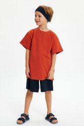 Lacivert-Kiremit Erkek Çocuk %100 Pamuklu Penye Oversize Gri T-Shirt Yumuşak Lacivert Bandana 2'Lİ TAKIM  Trend Seri3 - 5