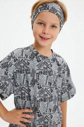Gri-Gri Desenli Erkek Çocuk %100 Pamuklu Penye Oversize Gri Desenli T-Shirt Yumuşak Bandana 2'Lİ TAKIM Trend Seri 5 - 1