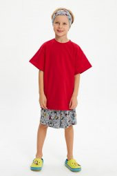 Gri Desenli-Kırmızı Erkek Çocuk %100 Pamuklu Penye Oversize Kırmızı T-Shirt Yumuşak Gri Bandana 2'Lİ TAKIM  Trend Seri 4 - 5
