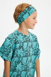 Turquaz Desenli Erkek Çocuk %100 Pamuklu Penye Oversize Gri Desenli T-Shirt Yumuşak Bandana 2'Lİ TAKIM Trend Seri 5 - 1