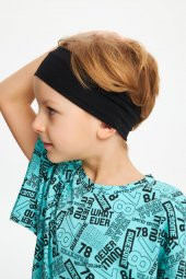 Lacivert-Turquaz Desenli Erkek Çocuk %100 Pamuklu Oversize Turquaz Desenli T-Shirt Yumuşak Lacivert Bandana 2'Lİ TAKIM Seri5 - 3