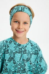 Turquaz Desenli Erkek Çocuk %100 Pamuklu Penye Oversize Gri Desenli T-Shirt Yumuşak Bandana 2'Lİ TAKIM Trend Seri 5 - 2
