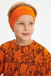Turuncu-Turuncu Desenli Erkek Çocuk %100 Pamuklu Oversize Turuncu Desenli T-Shirt Yumuşak  Turuncu Bandana 2'Lİ TAKIM Seri 5 - 1
