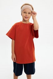 S.Kahve-Kiremit Erkek Çocuk %100 Pamuklu Penye Oversize Gri T-Shirt Yumuşak Lacivert Bandana 2'Lİ TAKIM  Trend Seri3 - 5