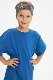 Füme Desenli-Mavi Erkek Çocuk %100 Pamuklu Penye Oversize Mavi T-Shirt Yumuşak  Füme Bandana 2'Lİ TAKIM  Trend Seri 4 - 3