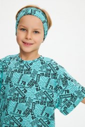 Turquaz Desenli Erkek Çocuk %100 Pamuklu Penye Oversize Gri Desenli T-Shirt Yumuşak Bandana 2'Lİ TAKIM Trend Seri 5 - 4