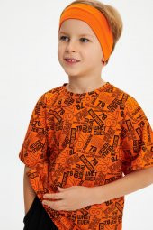 Turuncu-Turuncu Desenli Erkek Çocuk %100 Pamuklu Oversize Turuncu Desenli T-Shirt Yumuşak  Turuncu Bandana 2'Lİ TAKIM Seri 5 - 2