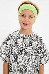 Yeşil Beyaz Desenli Erkek Çocuk %100 Pamuklu Penye Oversize Beyaz Desenli T-Shirt Yumuşak Yeşil Bandana 2'Lİ TAKIM Seri5 - 1