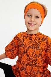 Turuncu-Turuncu Desenli Erkek Çocuk %100 Pamuklu Oversize Turuncu Desenli T-Shirt Yumuşak  Turuncu Bandana 2'Lİ TAKIM Seri 5 - 3