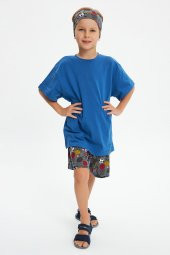 Füme Desenli-Mavi Erkek Çocuk %100 Pamuklu Penye Oversize Mavi T-Shirt Yumuşak  Füme Bandana 2'Lİ TAKIM  Trend Seri 4 - 4