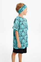 Turquaz Desenli Erkek Çocuk %100 Pamuklu Penye Oversize Gri Desenli T-Shirt Yumuşak Bandana 2'Lİ TAKIM Trend Seri 5 - 5