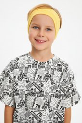 Sarı-Beyaz Desenli Erkek Çocuk %100 Pamuklu Penye Oversize Beyaz Desenli T-Shirt Yumuşak Sarı Bandana 2'Lİ TAKIM Seri5 - 1