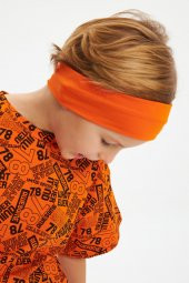 Turuncu-Turuncu Desenli Erkek Çocuk %100 Pamuklu Oversize Turuncu Desenli T-Shirt Yumuşak  Turuncu Bandana 2'Lİ TAKIM Seri 5 - 4