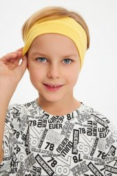 Sarı-Beyaz Desenli Erkek Çocuk %100 Pamuklu Penye Oversize Beyaz Desenli T-Shirt Yumuşak Sarı Bandana 2'Lİ TAKIM Seri5 - 2