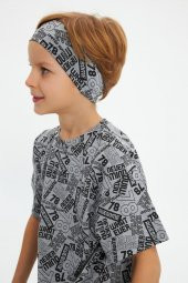 Gri-Gri Desenli Erkek Çocuk %100 Pamuklu Penye Oversize Gri Desenli T-Shirt Yumuşak Bandana 2'Lİ TAKIM Trend Seri 5 - 3